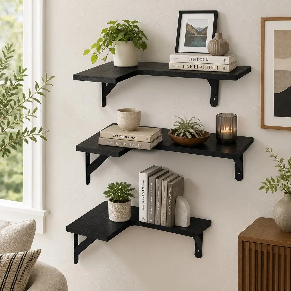 Corner Floating Shelves Paulownia Wood L-Shaped 3 Piece Black