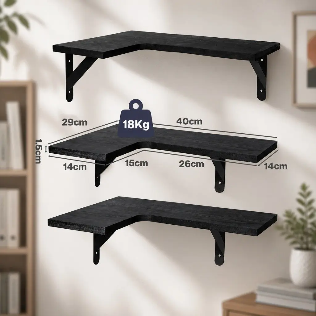 Corner Floating Shelves Paulownia Wood L-Shaped 3 Piece Black