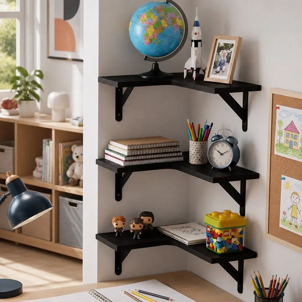 Corner Floating Shelves Paulownia Wood L-Shaped 3 Piece Black