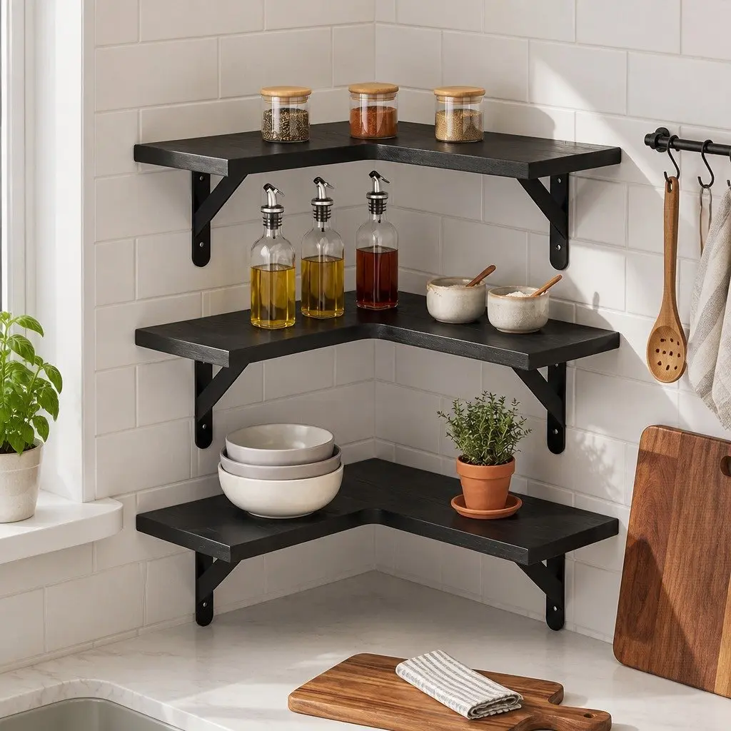 Corner Floating Shelves Paulownia Wood L-Shaped 3 Piece Black