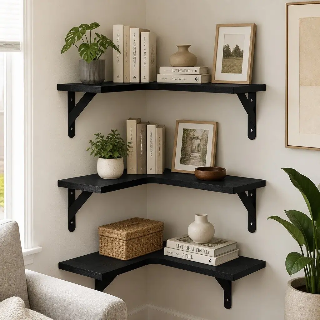 Corner Floating Shelves Paulownia Wood L-Shaped 3 Piece Black