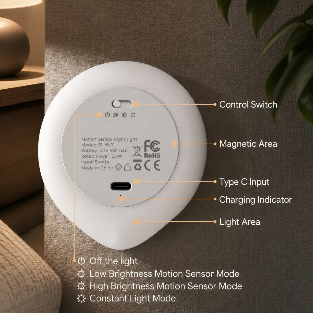 Motion Sensor Night Light USB-C Rechargeable Compact White