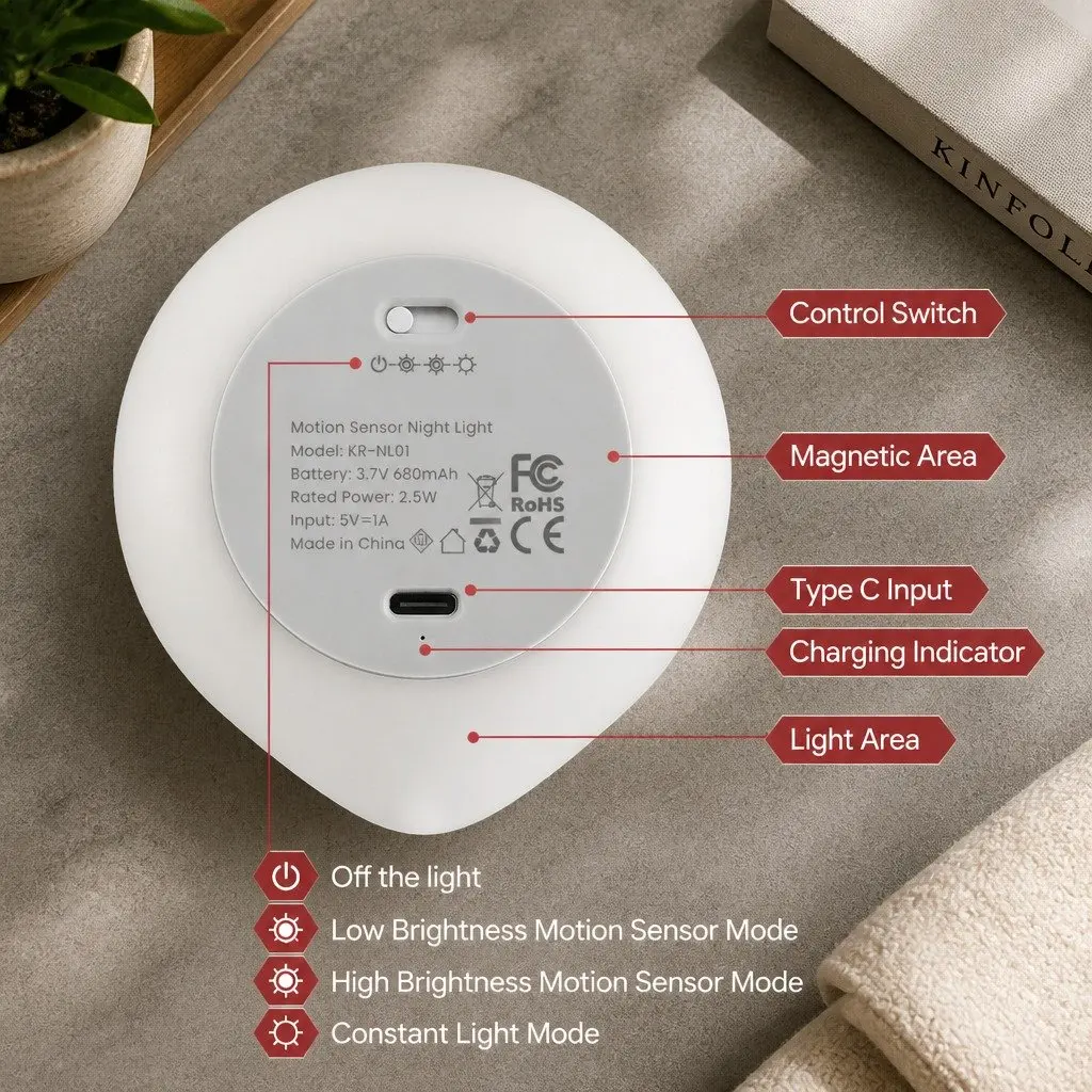 Motion Sensor Night Light USB-C Rechargeable White 4 Pack