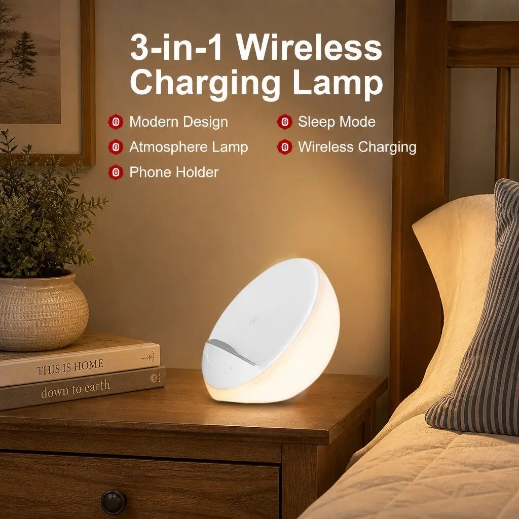 Table Lamp LED Dimmable Wireless Charger Phone Holder Touch Control White 15 x 15 x 8.5 cm
