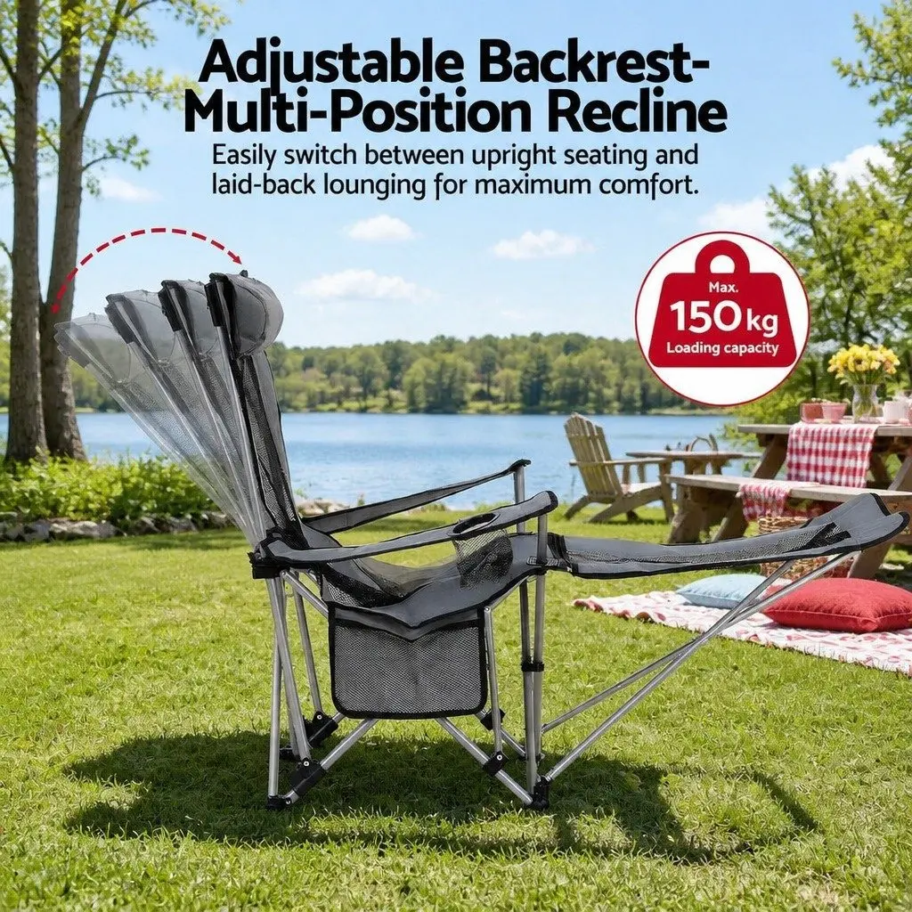 Portable Camping Chair 600D Oxford Cloth Adjustable Reclining Grey with Removable Footrest