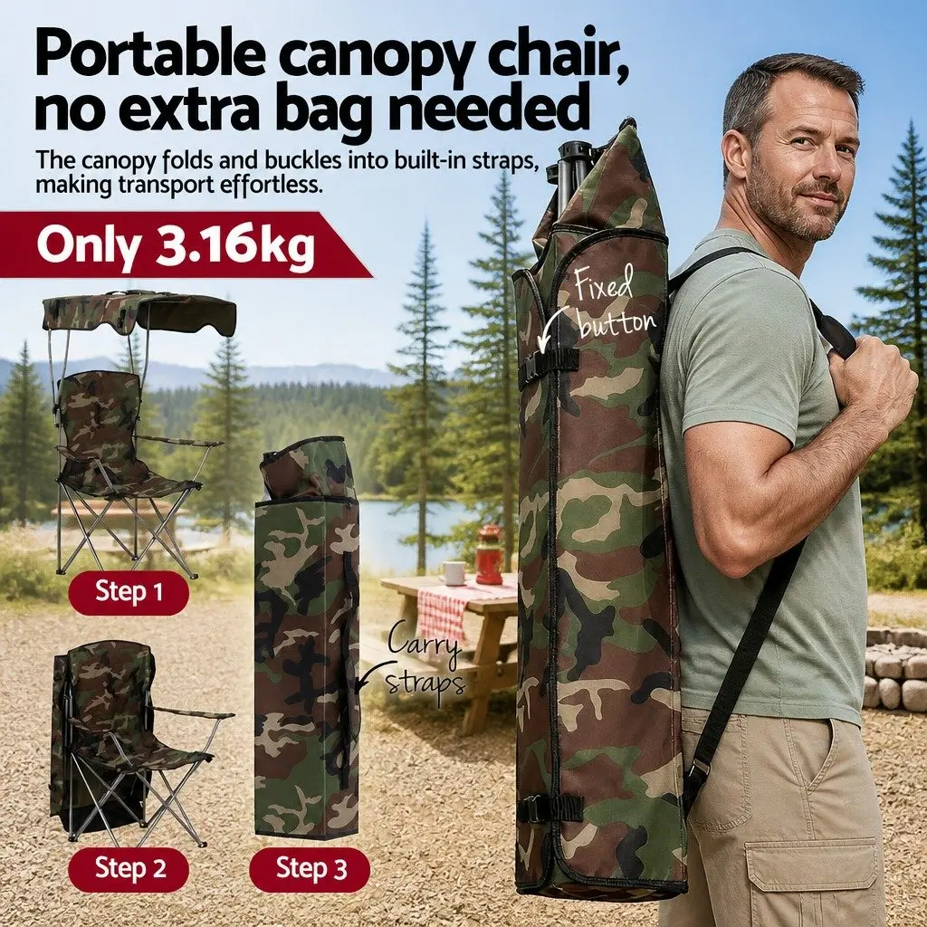 Camping Chair Canopy Folding Portable Lightweight 600D Oxford Fabric Army Green