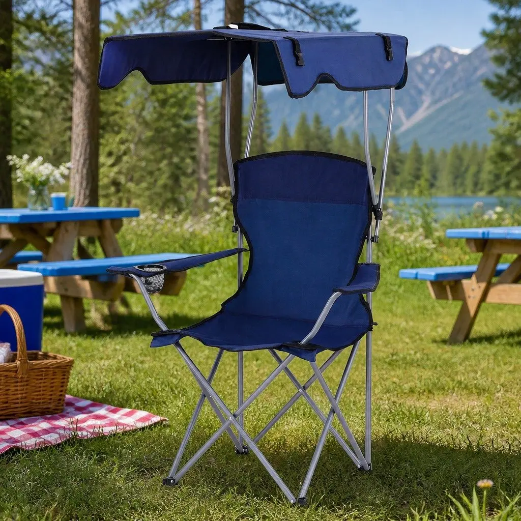 Camping Chair with Canopy Lightweight Portable Folding Outdoor Seat Navy Blue