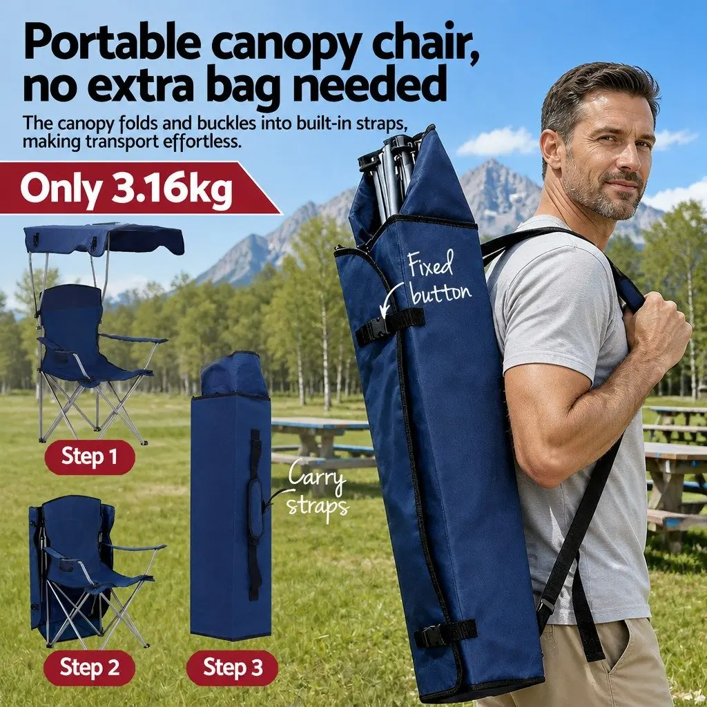 Camping Chair with Canopy Lightweight Portable Folding Outdoor Seat Navy Blue