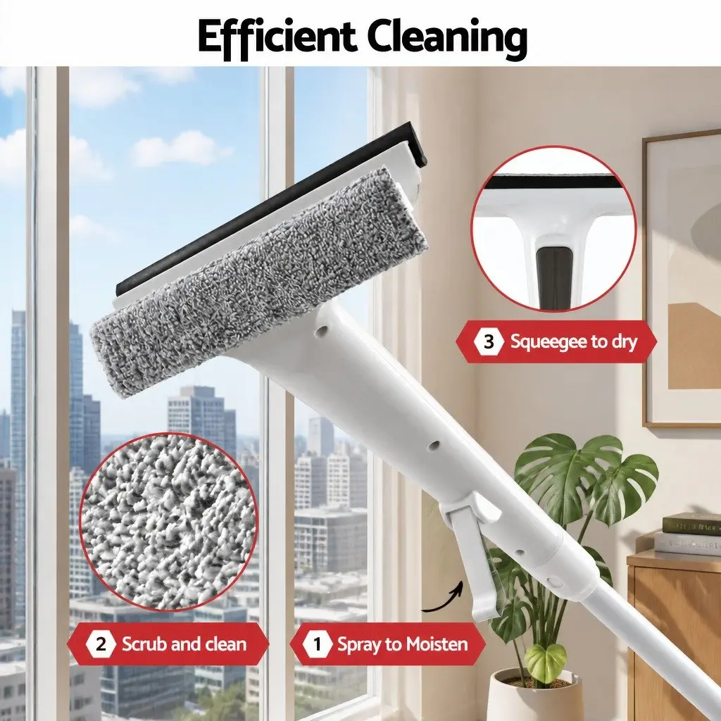 Window Cleaner Squeegee 136cm Extendable Handle Spray Scrub Microfiber Pads
