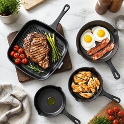 Cast Iron Frying Pan Skillet Set 4-Piece Black 14cm 16cm 20cm 24cm Induction Gas
