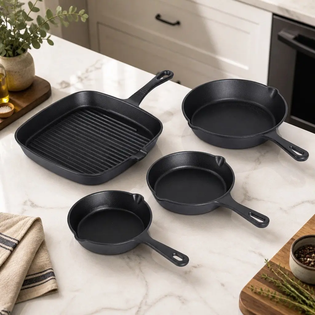 Frying Pan Skillet Set 4 Piece Black Cast Iron 14cm 16cm 20cm 24cm Cooking Induction Gas Safe