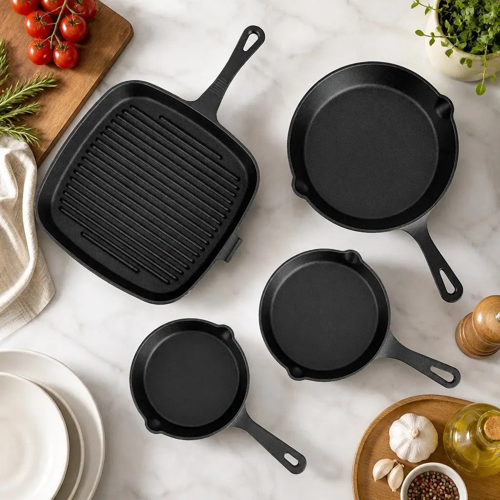 Frying Pan Skillet Set 4 Piece Black Cast Iron 14cm 16cm 20cm 24cm Cooking Induction Gas Safe