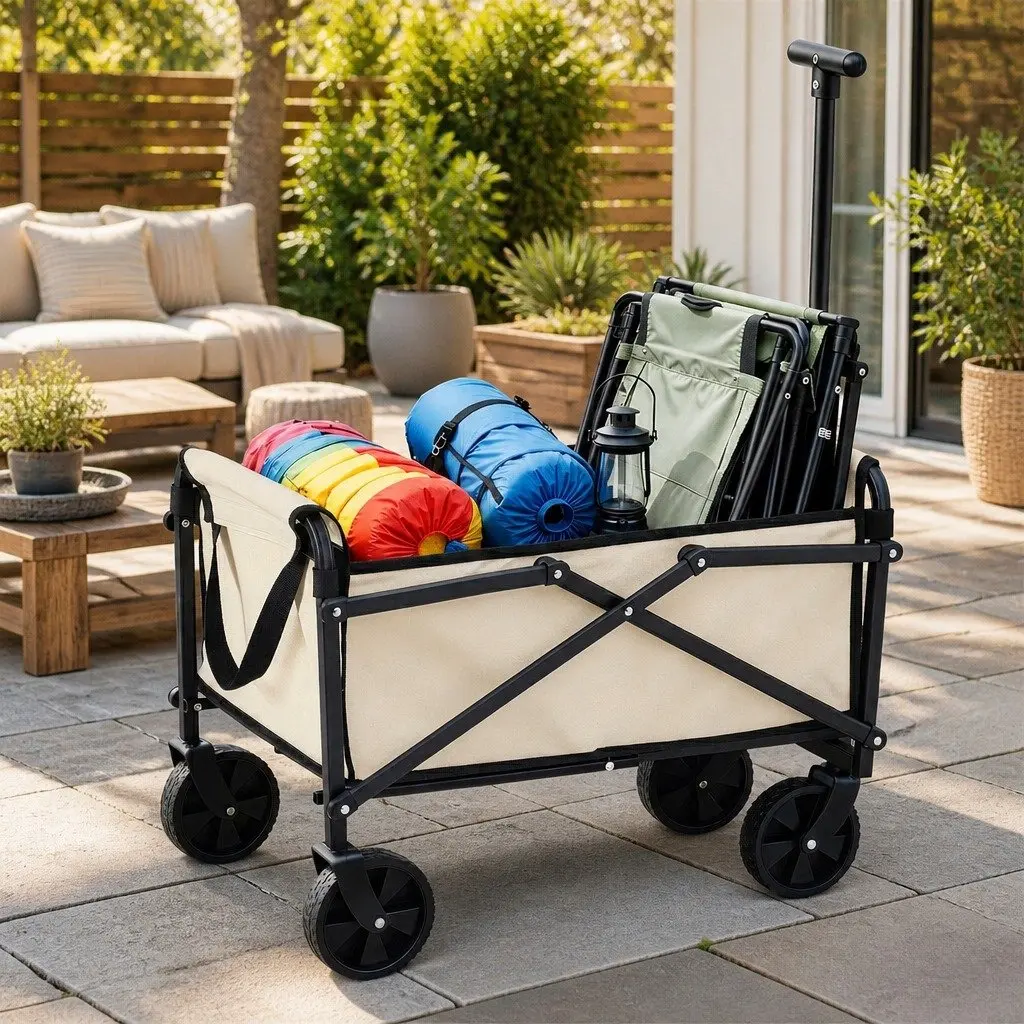 Folding Garden Trolley Wagon Steel Beige Outdoor Transport 360 Degree Rotating All Terrain Wheels Removable Oxford Cloth Bag