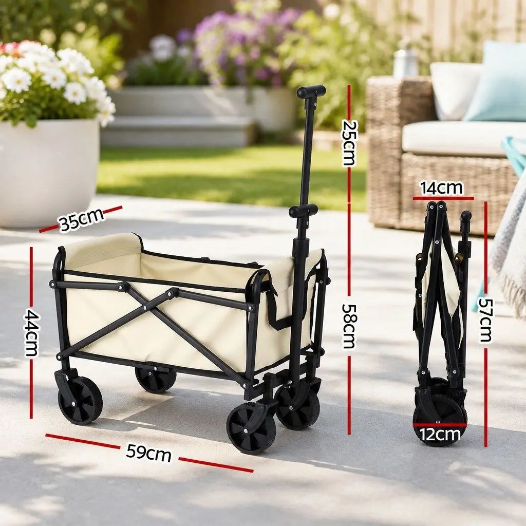 Folding Garden Trolley Wagon Steel Beige Outdoor Transport 360 Degree Rotating All Terrain Wheels Removable Oxford Cloth Bag