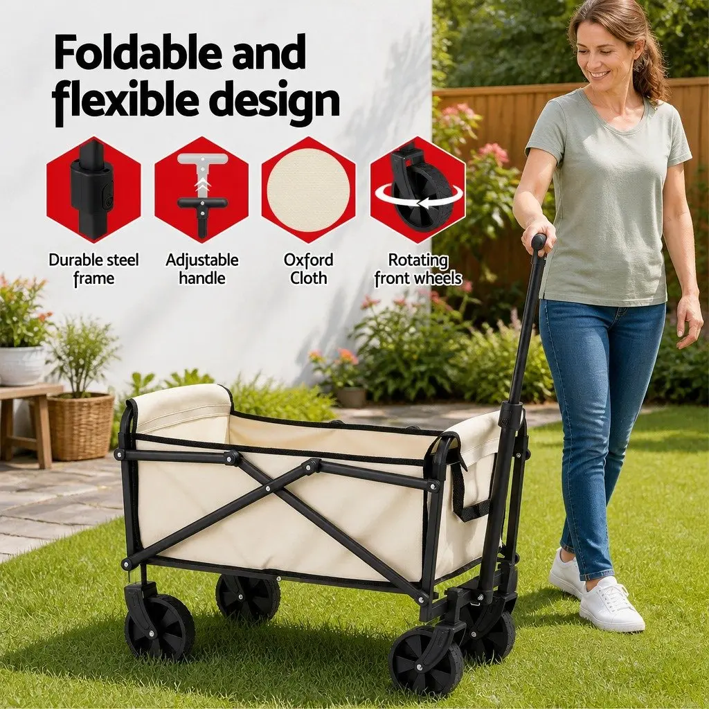 Folding Garden Trolley Wagon Steel Beige Outdoor Transport 360 Degree Rotating All Terrain Wheels Removable Oxford Cloth Bag
