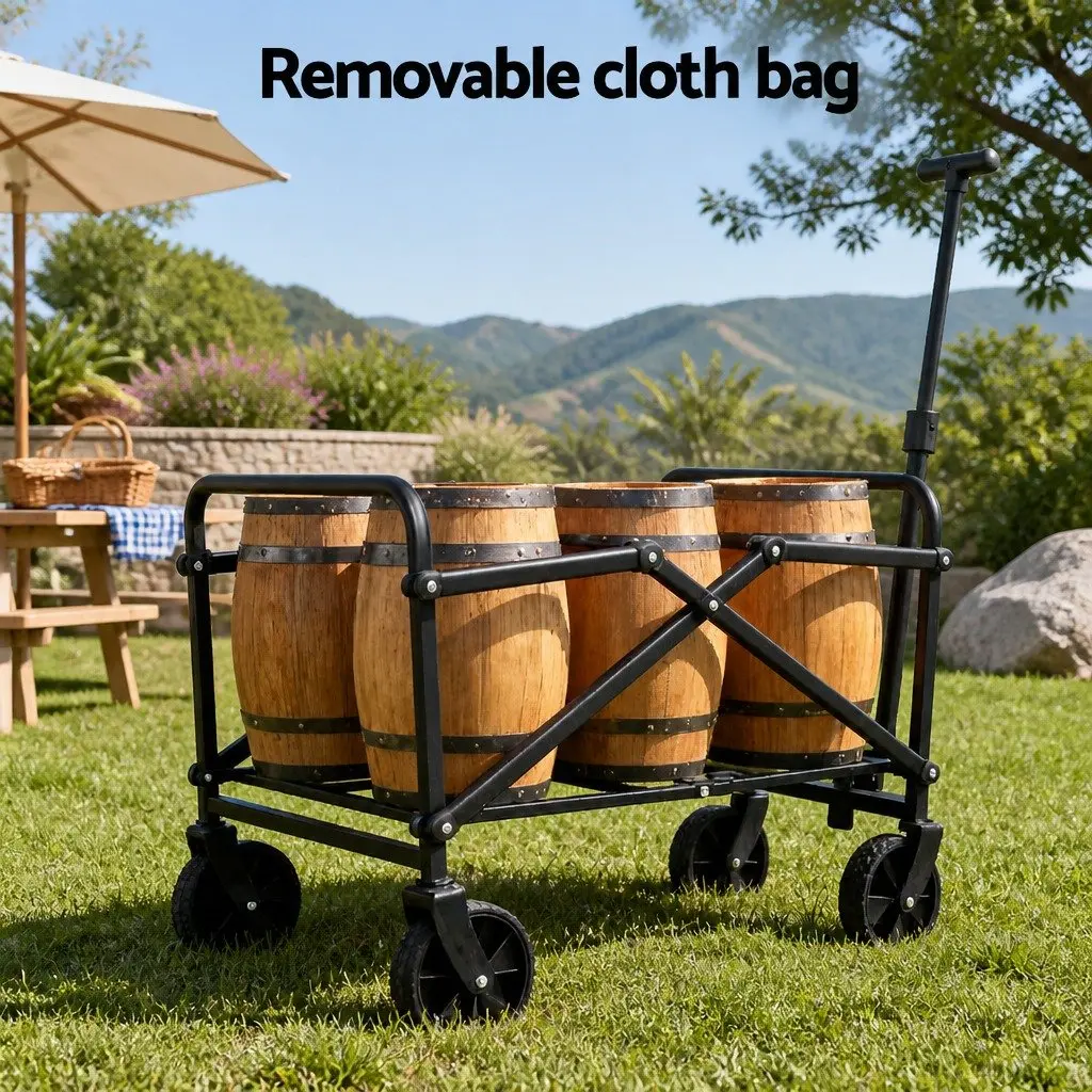 Folding Garden Trolley Wagon Steel Beige Outdoor Transport 360 Degree Rotating All Terrain Wheels Removable Oxford Cloth Bag