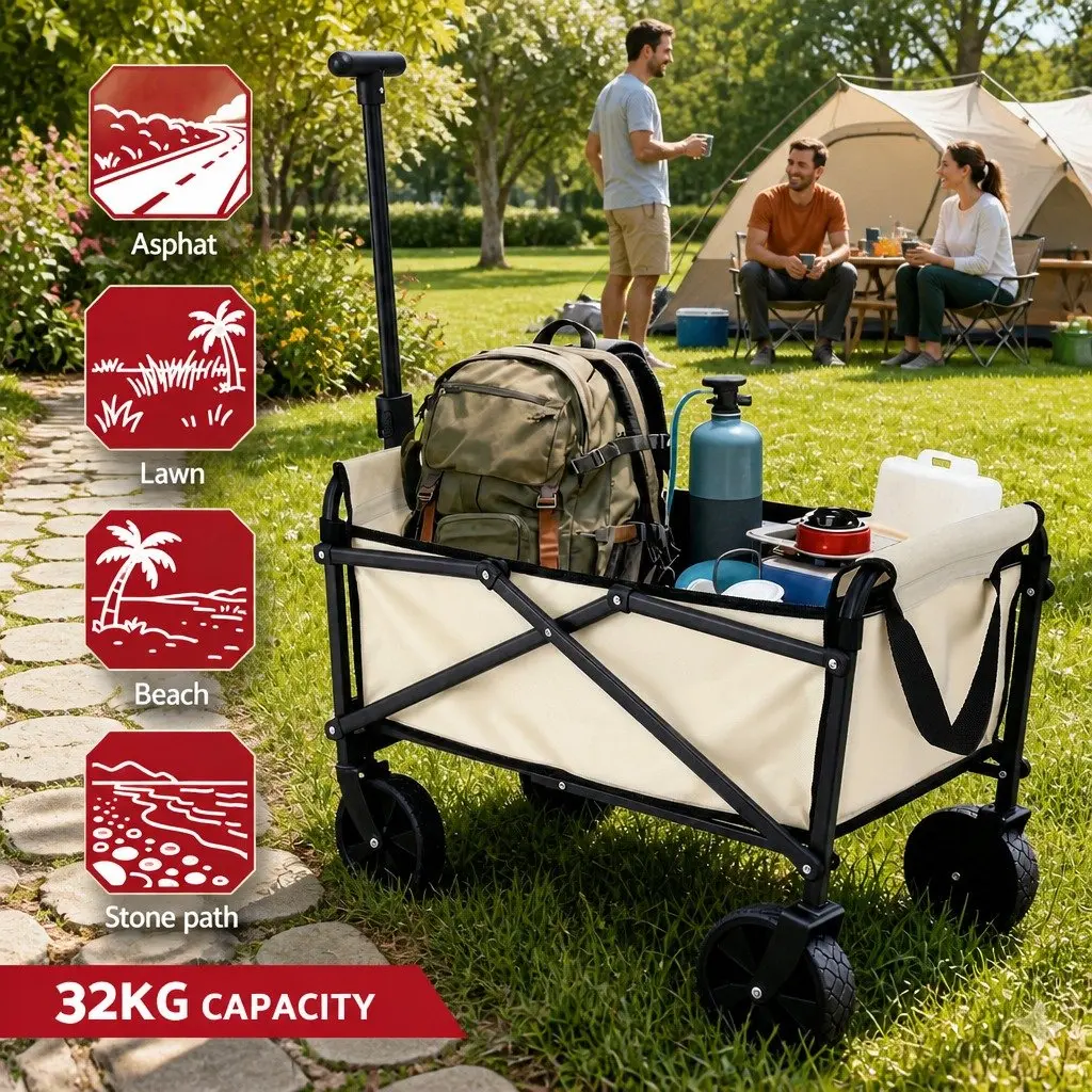 Folding Garden Trolley Wagon Steel Beige Outdoor Transport 360 Degree Rotating All Terrain Wheels Removable Oxford Cloth Bag