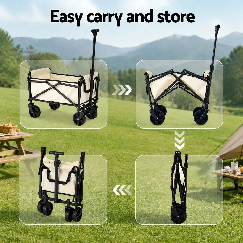 Folding Garden Trolley Wagon Steel Beige Outdoor Transport 360 Degree Rotating All Terrain Wheels Removable Oxford Cloth Bag