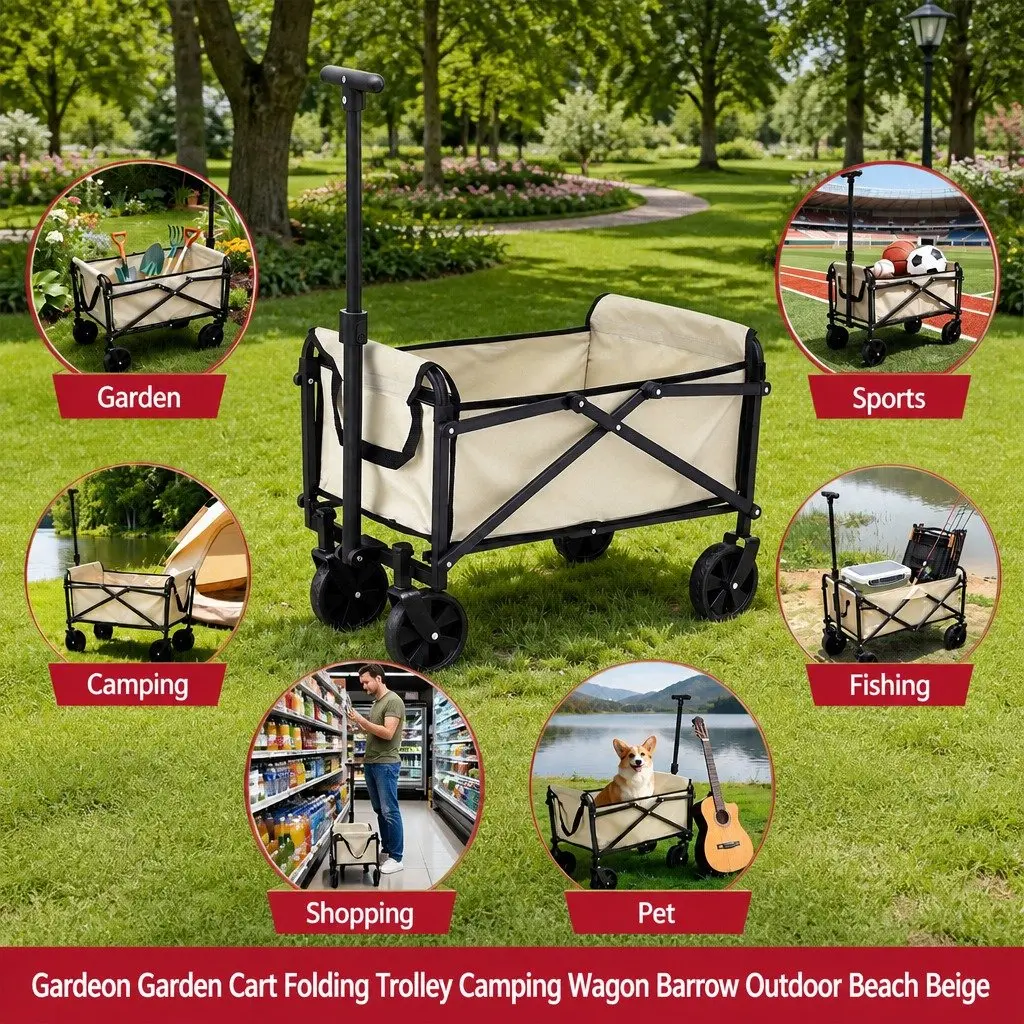 Folding Garden Trolley Wagon Steel Beige Outdoor Transport 360 Degree Rotating All Terrain Wheels Removable Oxford Cloth Bag