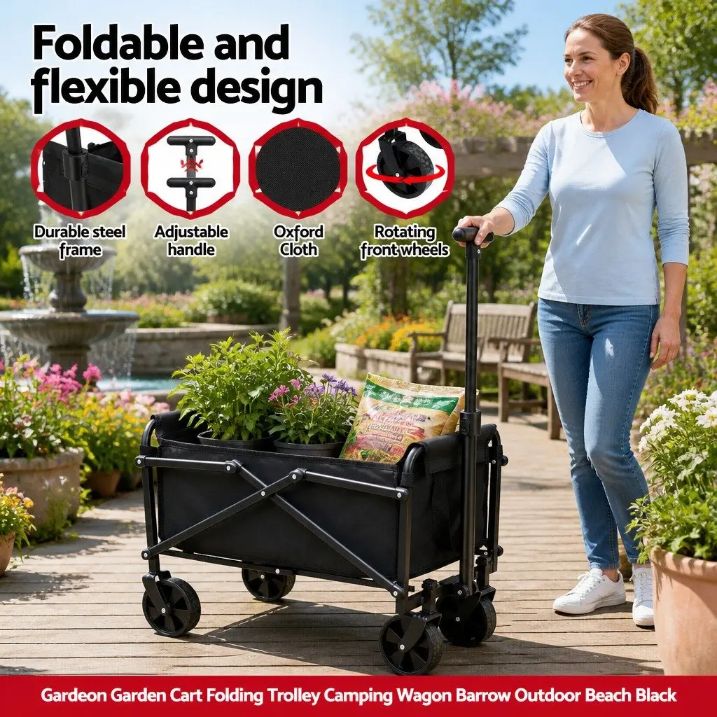 Folding Garden Trolley Cart Steel Frame Outdoor Transport Black 35x59x58cm
