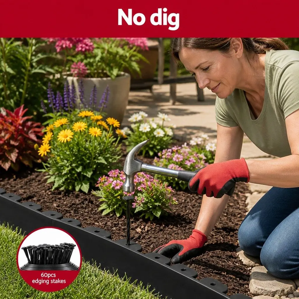 Garden Edging Flexible Plastic 60ft Black 30 Piece Lawn Border