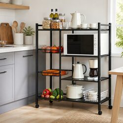 4-Tier Kitchen Storage Shelf Microwave Bakers Rack with Wheels Dark Grey
