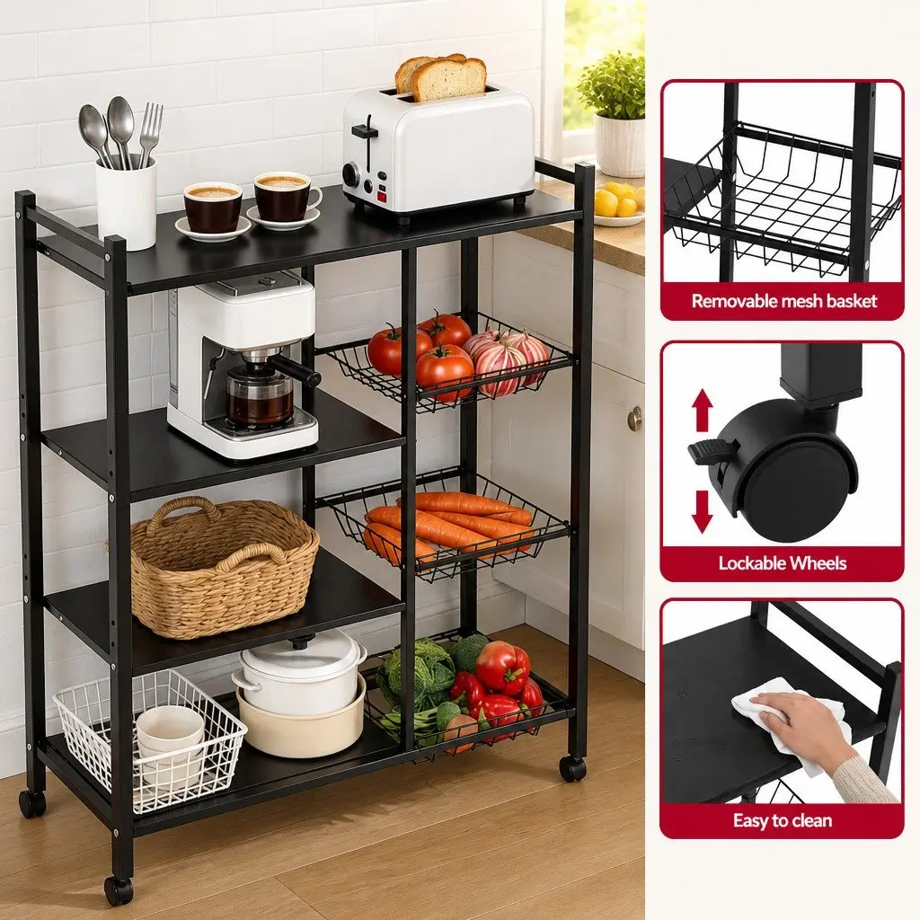 4TierBakersRackDarkGreyCarbonSteelWithWheelsAdjustableShelfHeight