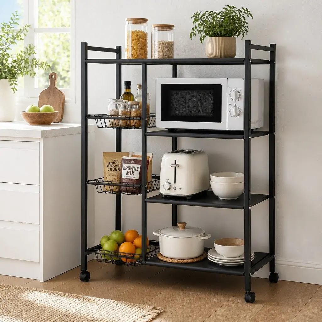 4TierBakersRackDarkGreyCarbonSteelWithWheelsAdjustableShelfHeight