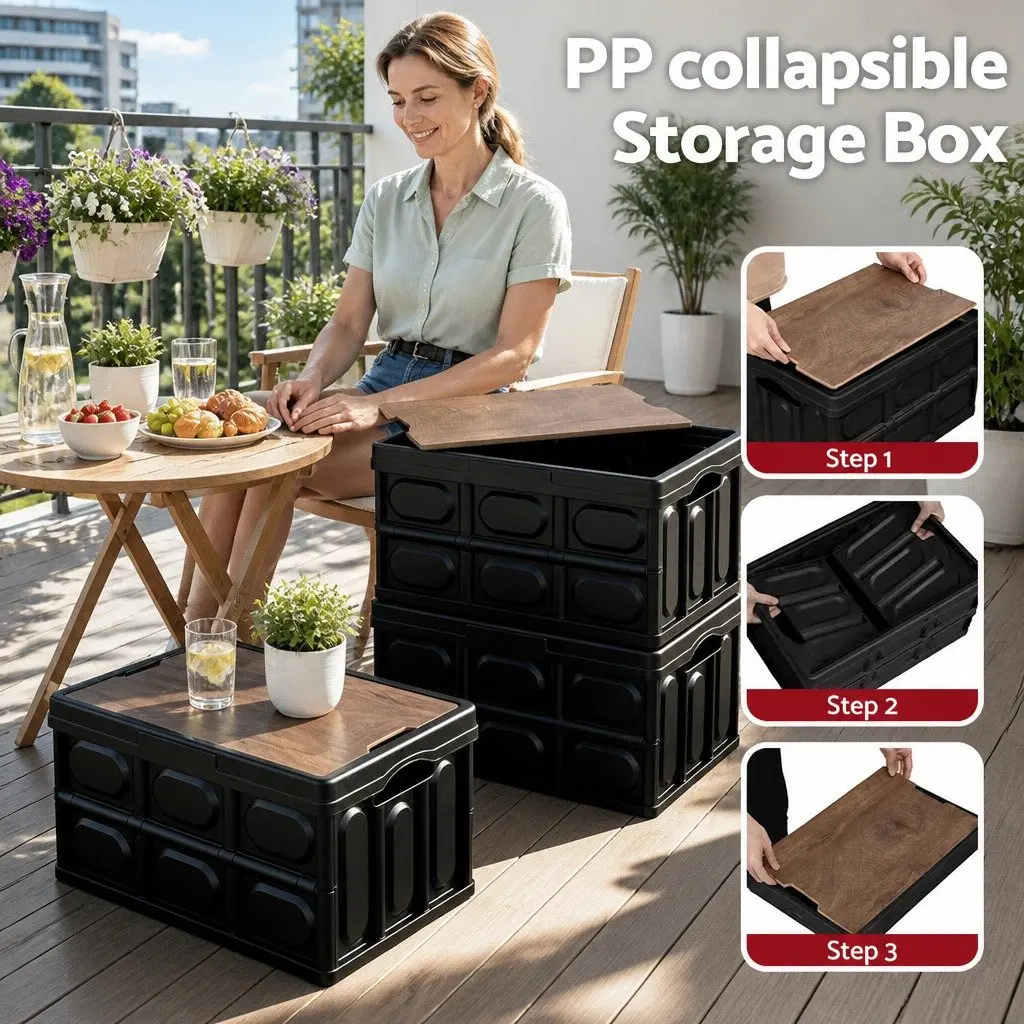 Collapsible Storage Box PP 50L Black Folding Outdoor Organizer