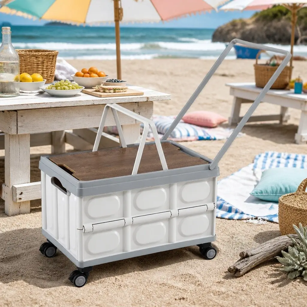 Storage Box Collapsible PP Beige 54L Stackable Folding Organizer with Wheels