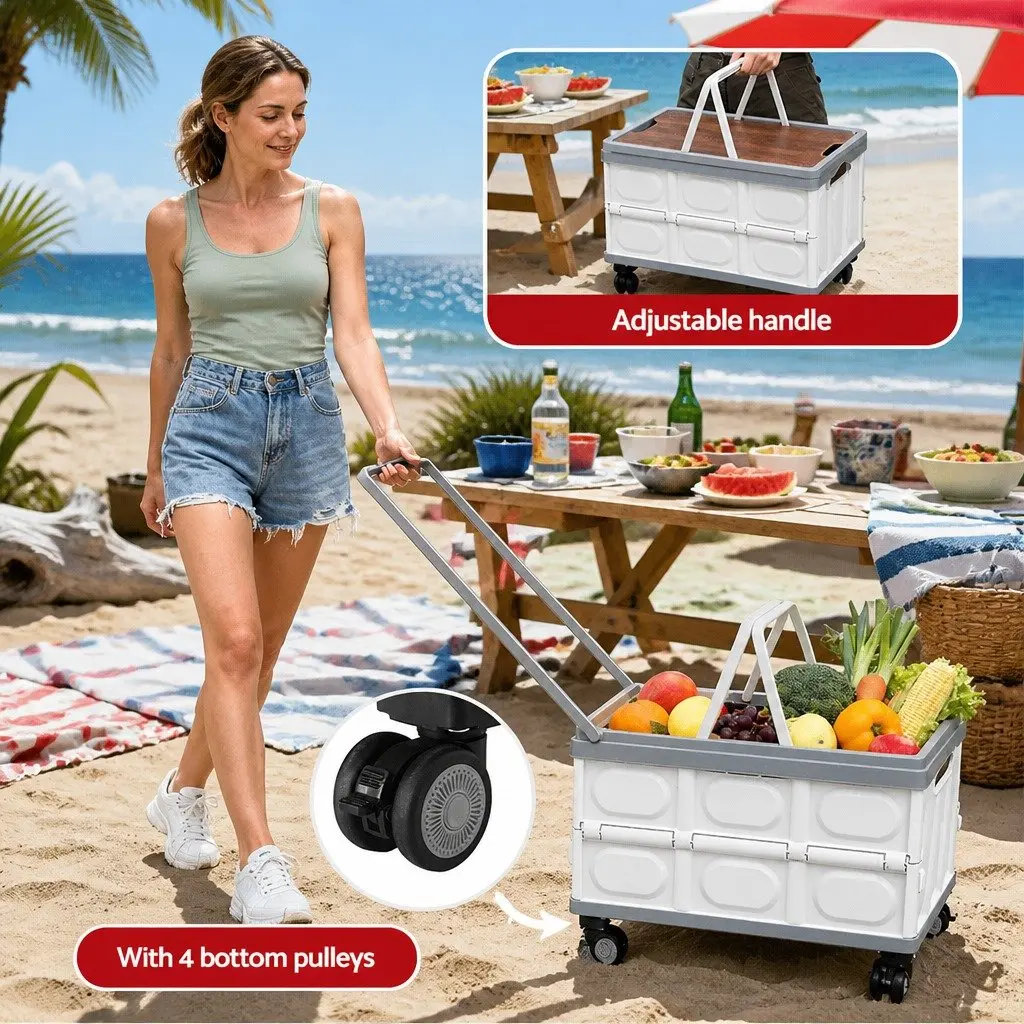 Storage Box Collapsible PP Beige 54L Stackable Folding Organizer with Wheels