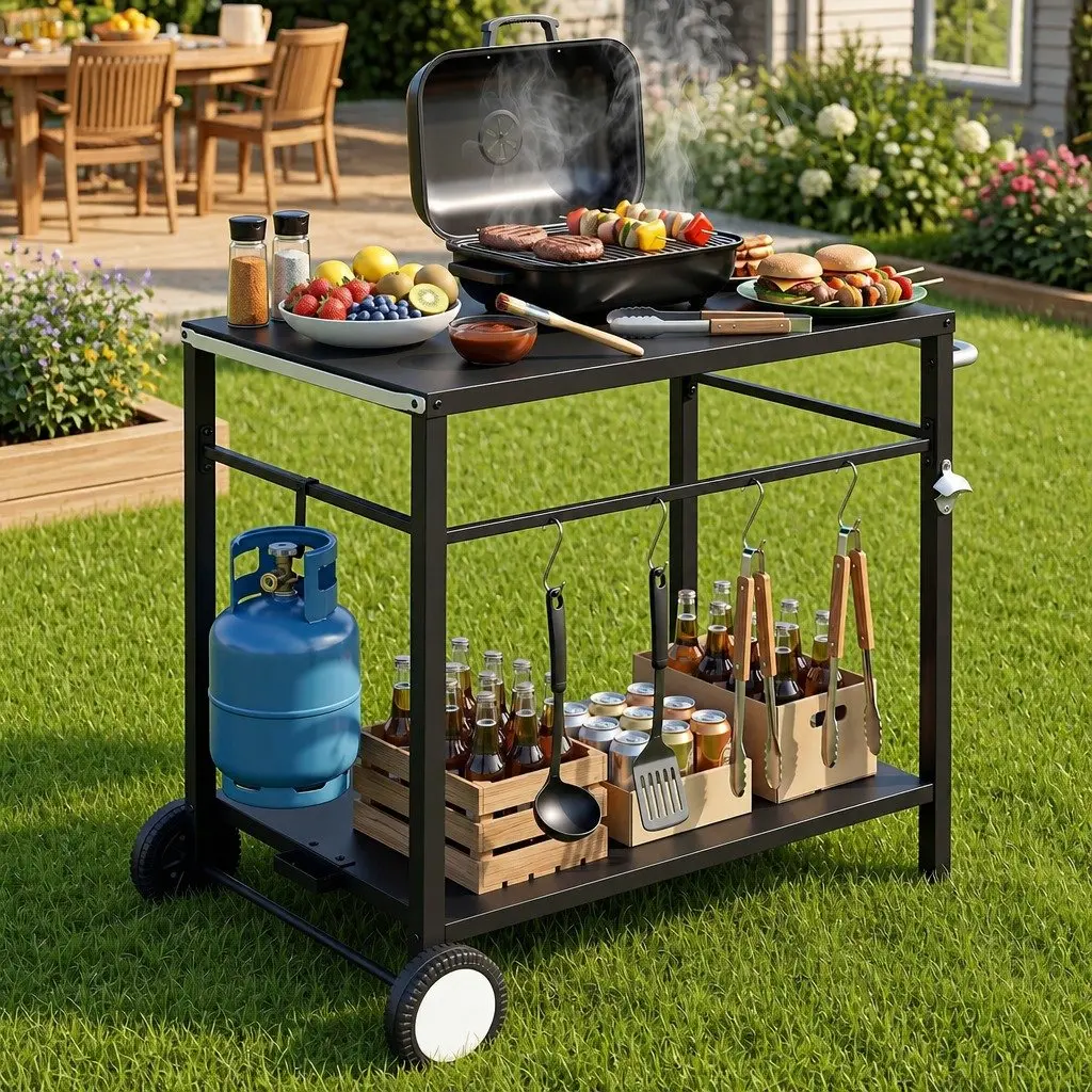 Outdoor BBQ Prep Cart Stainless Steel Work Table Mobile Kitchen Trolley Black 95.5cm L x 64cm W x 83.5cm H