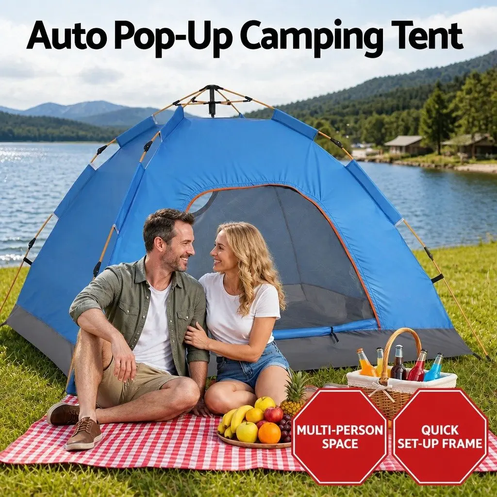 Pop Up Camping Tent Auto Instant 2 to 3 Person 210D Oxford Cloth Blue