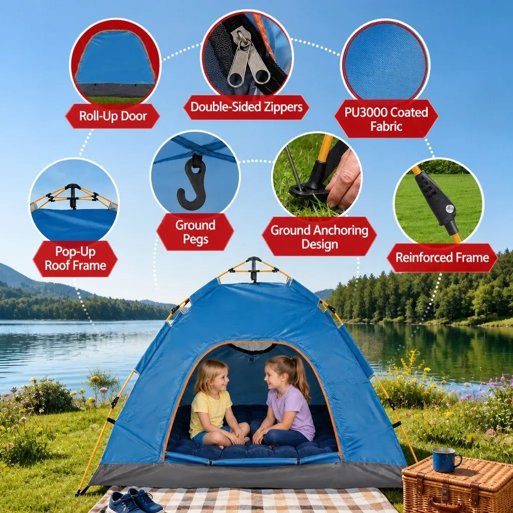 Pop Up Camping Tent Auto Instant 2 to 3 Person 210D Oxford Cloth Blue