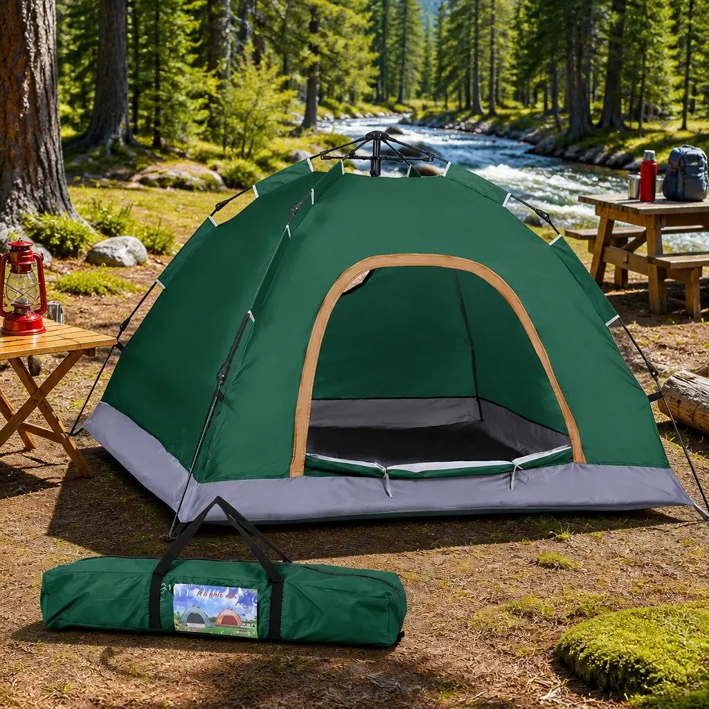 Camping Tent Auto Pop Up Instant Setup 2–3 Person 210D Oxford Cloth Green