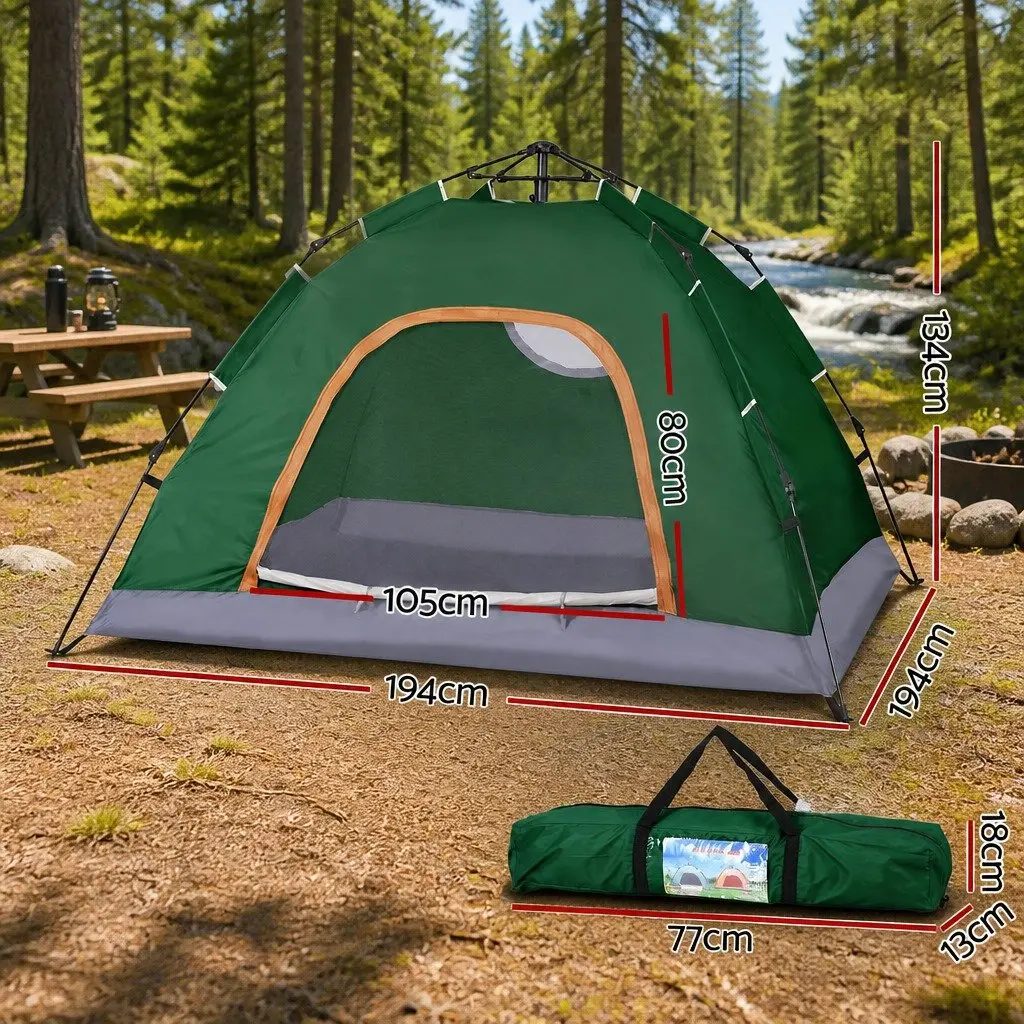 Camping Tent Auto Pop Up Instant Setup 2–3 Person 210D Oxford Cloth Green