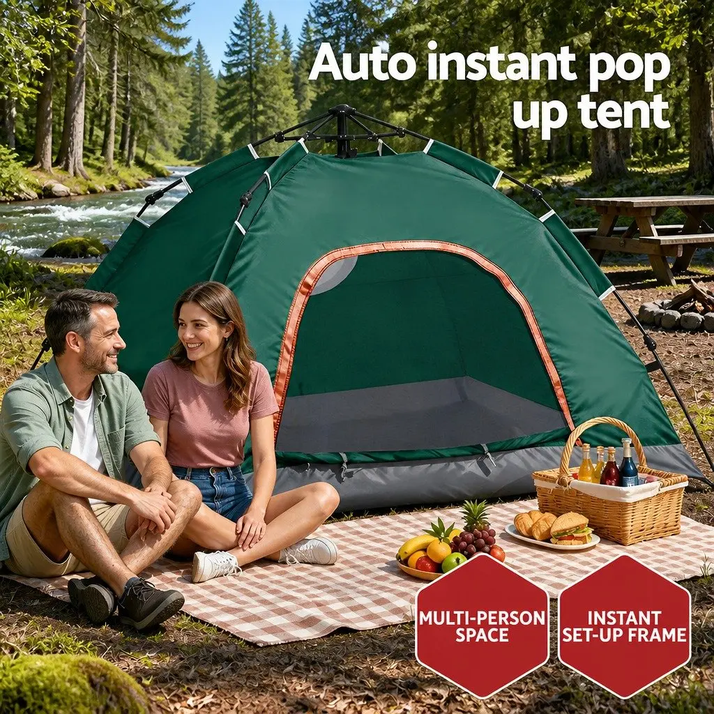 Camping Tent Auto Pop Up Instant Setup 2–3 Person 210D Oxford Cloth Green