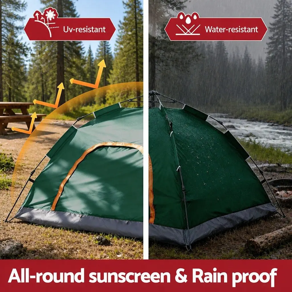 Camping Tent Auto Pop Up Instant Setup 2–3 Person 210D Oxford Cloth Green