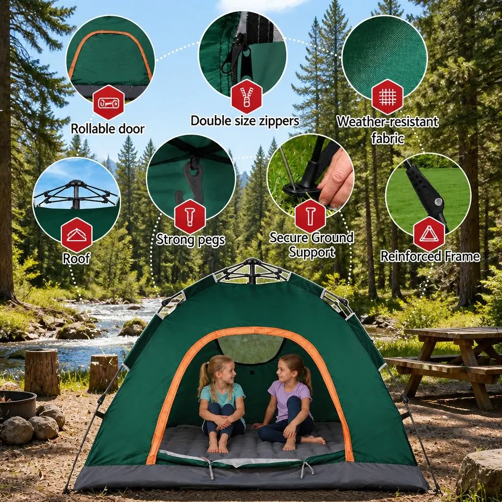 Camping Tent Auto Pop Up Instant Setup 2–3 Person 210D Oxford Cloth Green