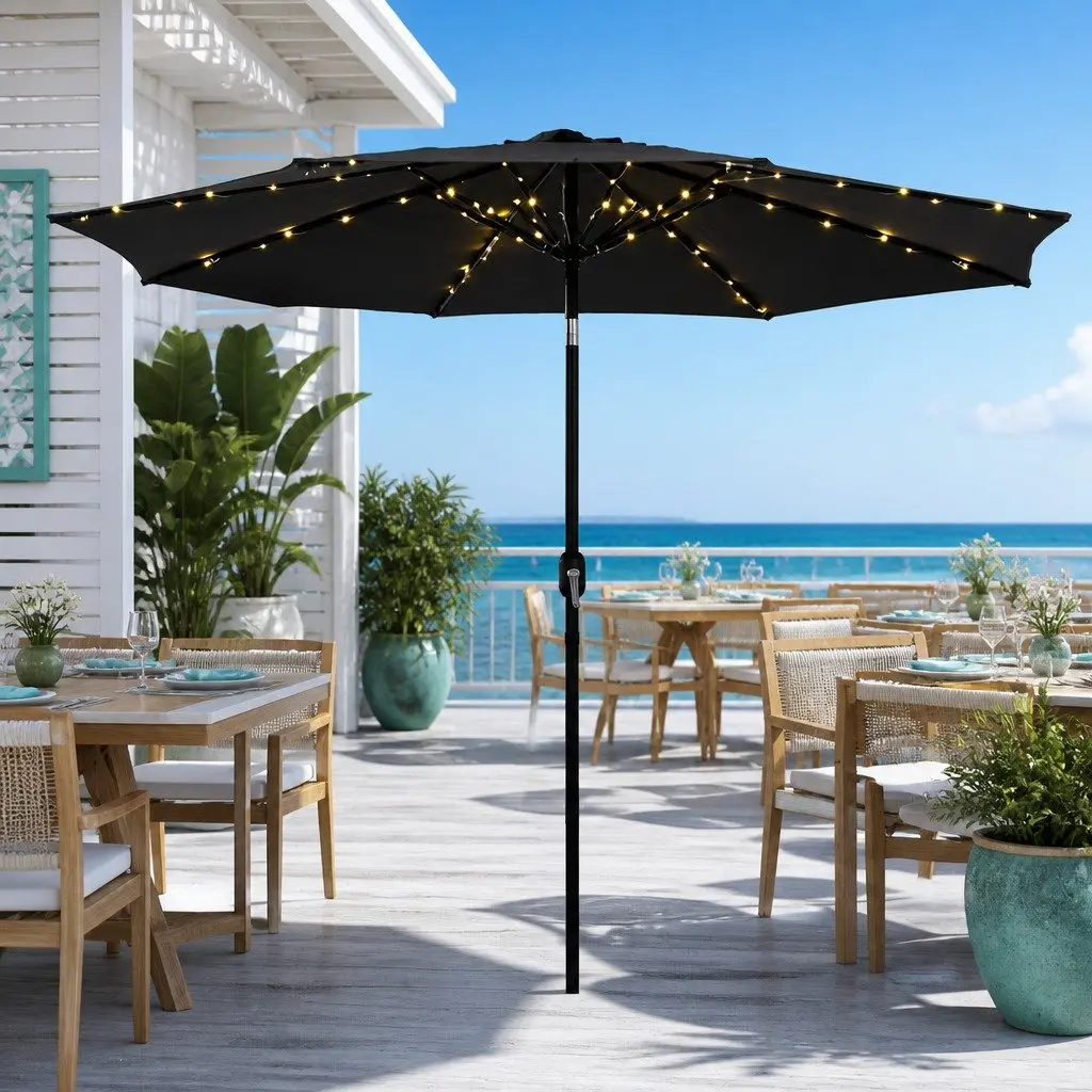 Outdoor Market Umbrella 2.9m with LED String Lights Tilt Black Patio Garden
