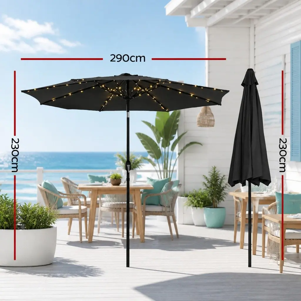 Outdoor Market Umbrella 2.9m with LED String Lights Tilt Black Patio Garden