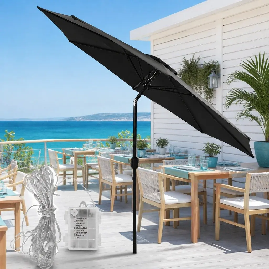 Outdoor Market Umbrella 2.9m with LED String Lights Tilt Black Patio Garden