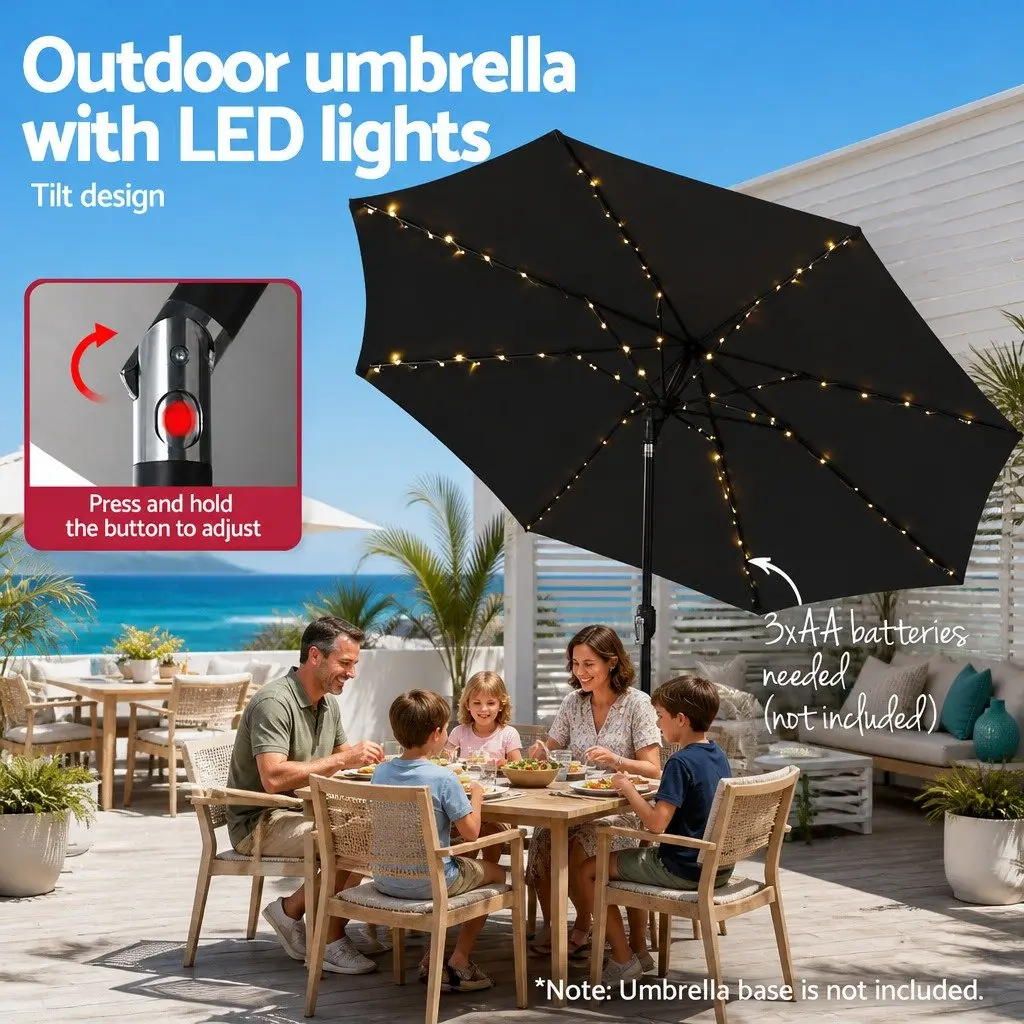 Outdoor Market Umbrella 2.9m with LED String Lights Tilt Black Patio Garden