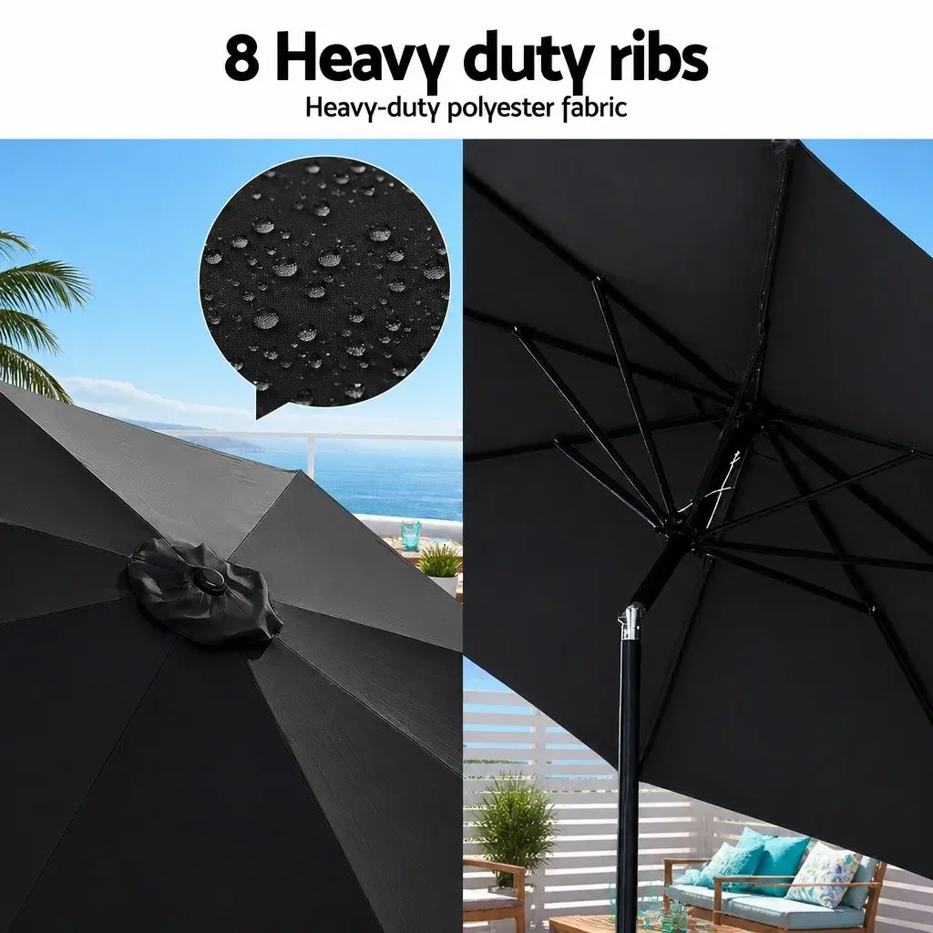 Outdoor Market Umbrella 2.9m with LED String Lights Tilt Black Patio Garden