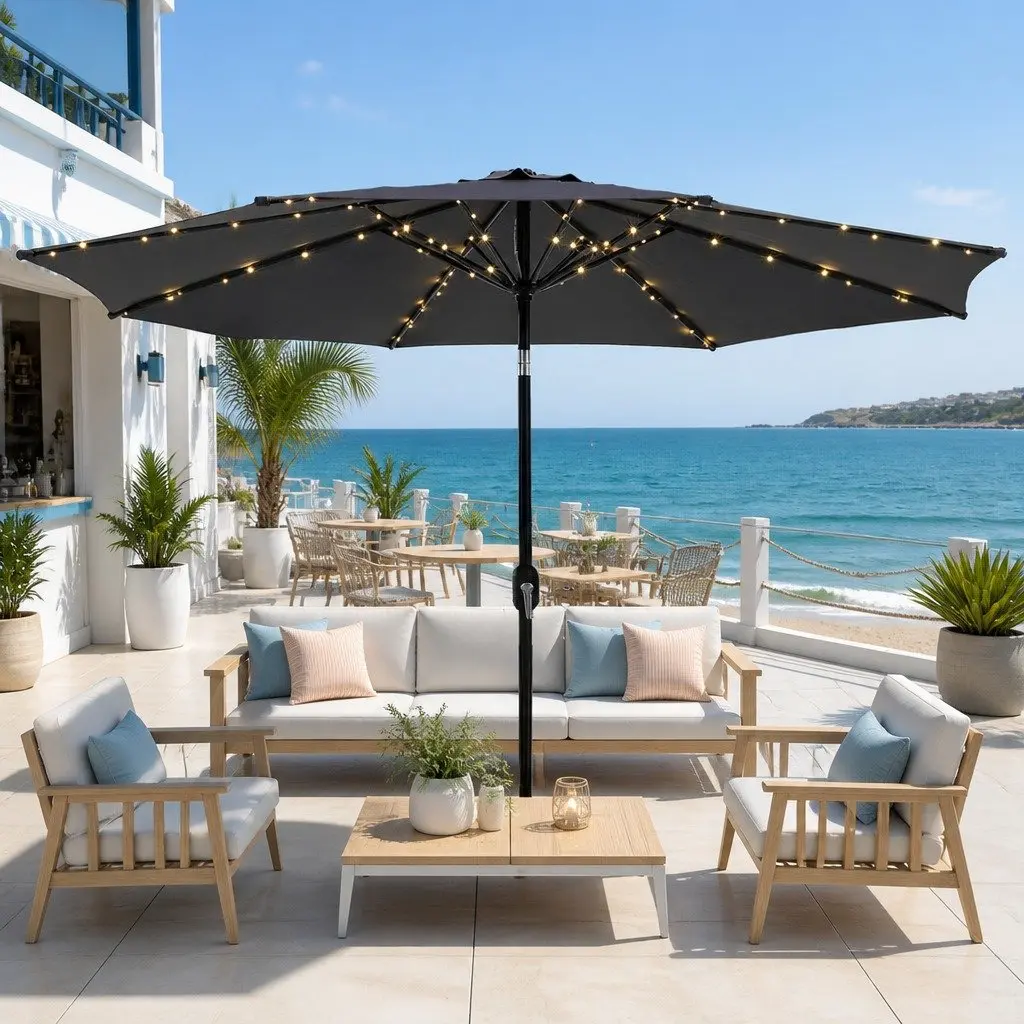 Outdoor Umbrella Steel 2.9m Octagonal Canopy with LED String Lights Tilt Charcoal