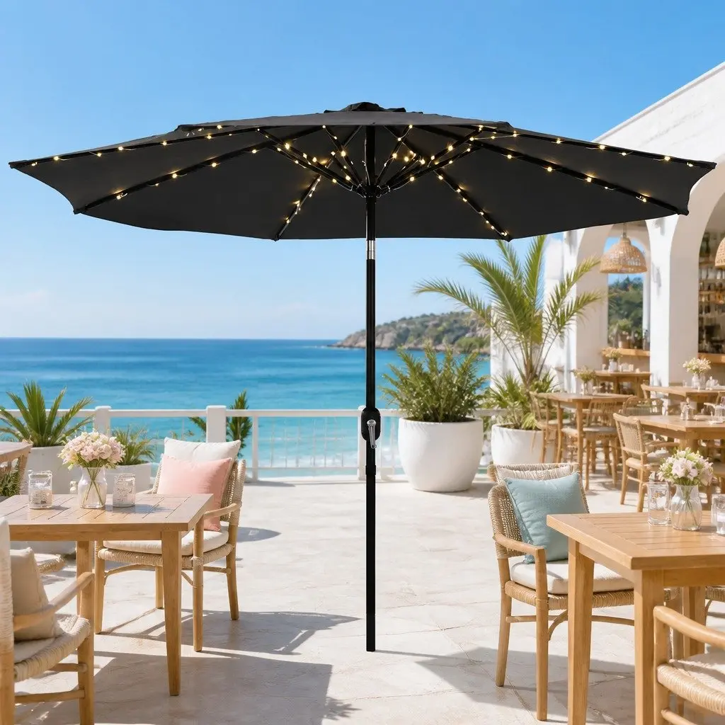 Outdoor Umbrella Steel 2.9m Octagonal Canopy with LED String Lights Tilt Charcoal