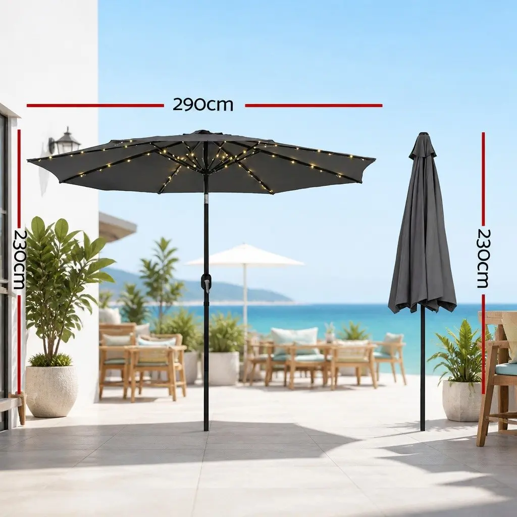 Outdoor Umbrella Steel 2.9m Octagonal Canopy with LED String Lights Tilt Charcoal