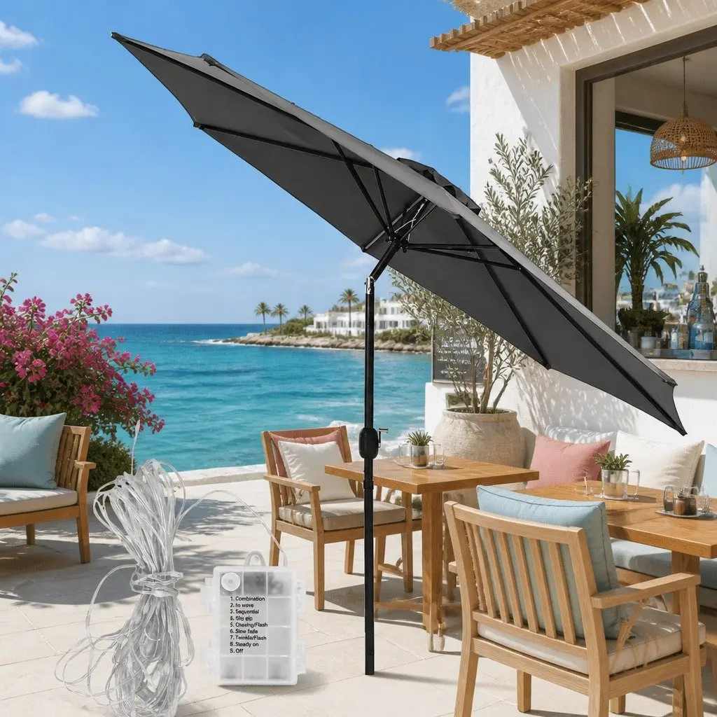 Outdoor Umbrella Steel 2.9m Octagonal Canopy with LED String Lights Tilt Charcoal