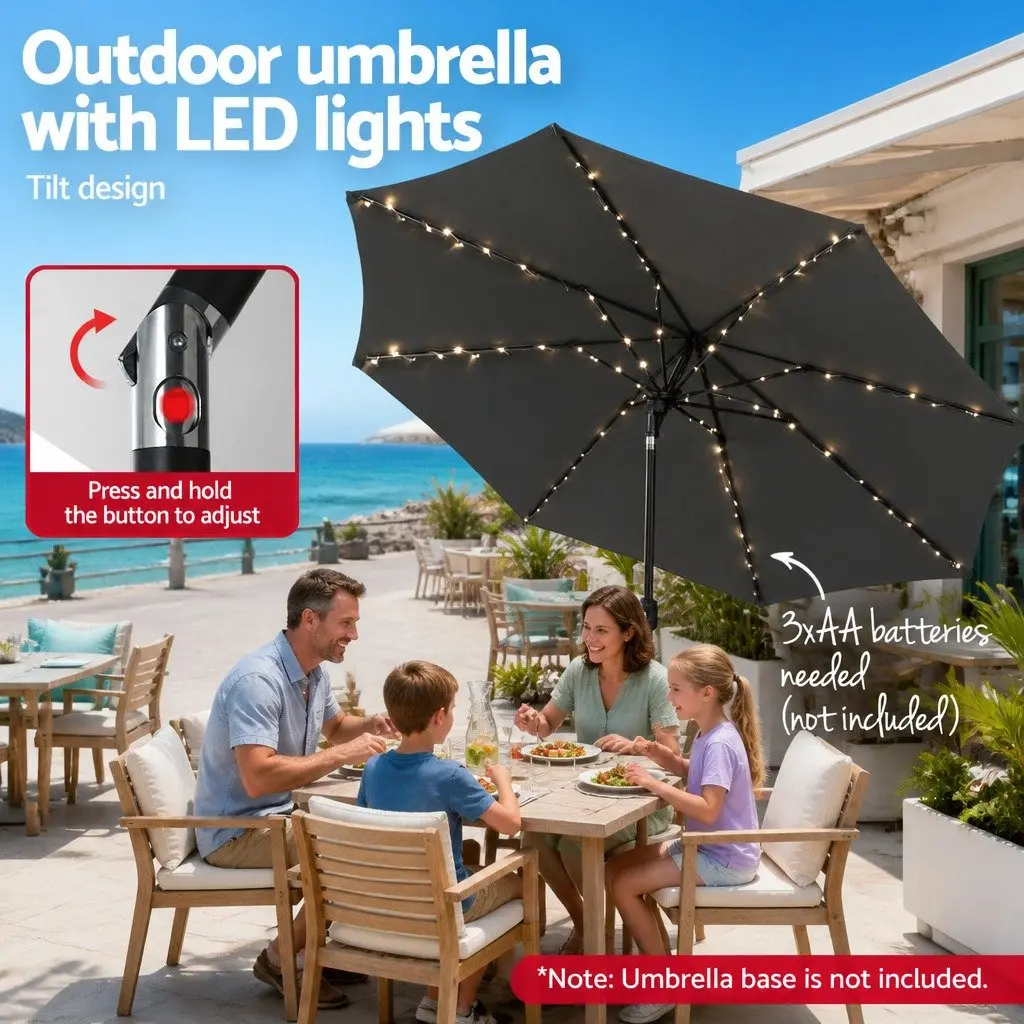 Outdoor Umbrella Steel 2.9m Octagonal Canopy with LED String Lights Tilt Charcoal
