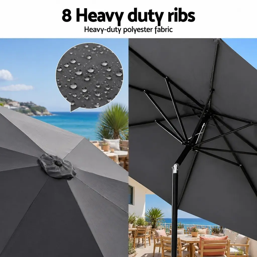 Outdoor Umbrella Steel 2.9m Octagonal Canopy with LED String Lights Tilt Charcoal
